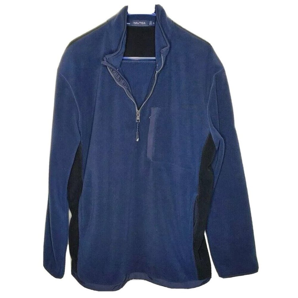 Nautica Jacket Navy Blue Fleece Mens XL Pullover 1/4 Zip Pockets Soft Hipster